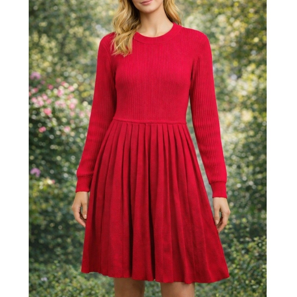 Kohl's Sweater Dress‎ Women XL Bright Red  Ribbed Pleated Fit Flare Long Sleeve